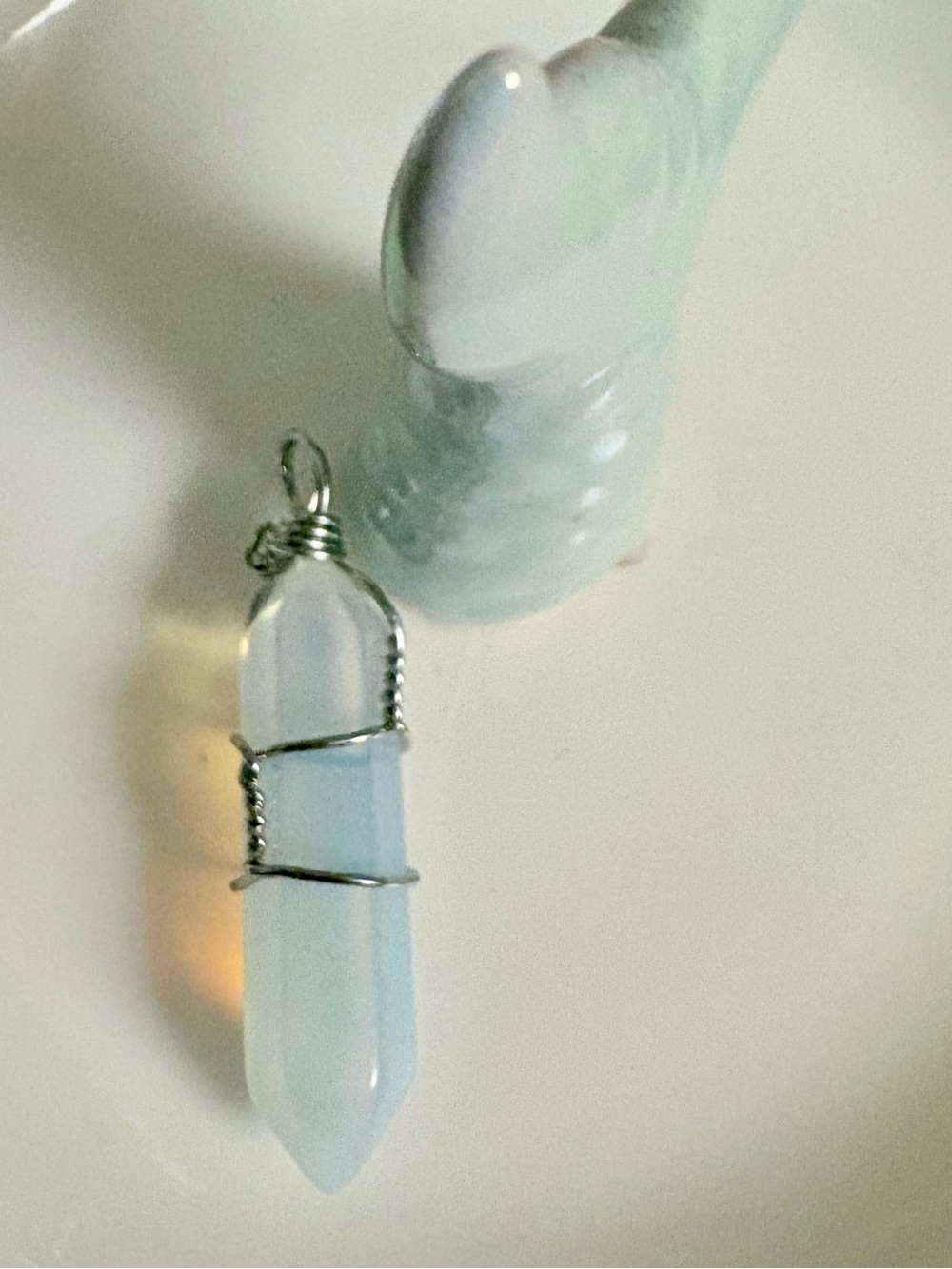 Opalite Crystal Pendant Necklace - Light Blue /opalescent Wire-Wrapped Gem